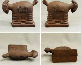 Rare cast iron horse shaped bank marked Spark Plug on one side and Barney Google on the other. This antique coin bank associated with the comic strip character "Spark Plug" from the Barney Google comic strip. 
