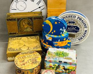 A collection of advertising display and decorative boxes including Whitman's Salmagundi, Ying Mee Tea Co., Havana Twins cigars, E. Wedel Chocolate Covered Pralines, and more