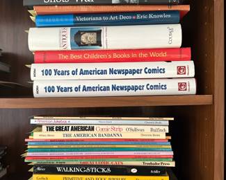 Reference books including 100 Years of American Newspapers, The American Bandana, Primitive and Folk Jewelry, The Smithsonian Collection of Newspaper Comics, International Circus, Shots of War, and George Herriman's series on Krazy & Ignatz, and From Star Wars to Indiana Jones the Best of the Lucasfilm Archives