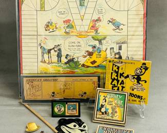 A vintage Barney Google and Spark Plug Game board, a vintage "Exclusive Movies" 8mm or 16mm film reel featuring Betty Boop and Popeye in original box, a vintage box of Keystone Mfg. Co. Krazy Kat 8mm safety films for toy projectors, and an antique Felix the Cat walking push toy circa 1920s