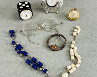 Vintage beaded tassel necklaces, vintage eyeglasses, small table clocks
