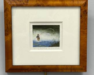 An original signed Blanche Hanson watercolor painting titled "Wyoming Fly-Fishing." 8-1/2" H x 9-1/4" W