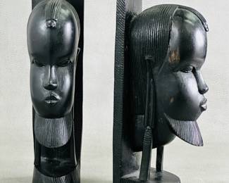 Pair of vintage, hand-carved African ebony wood head bust figures
