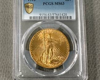 1910 Saint-Gaudens $20 gold coin graded by PCGS MS 63