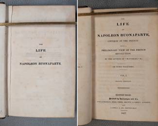 Inside page view of Volume I of complete set of nine volumes of The Life of Napoleon by Sir Walter Scott, Second Edition, 1827; leatherbound hardcovers, publisher Longman, Rees, Orme, Brown, & Green, London, and Cadell & Co., Edinburgh.