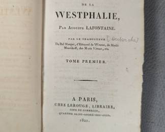 Inside page view of L'Orphelin De La Westphalie, Par Auguste Lafontaine, Vol. I and II, leather hardcover, published 1821 by Cher Lerouge, Libraire, Paris