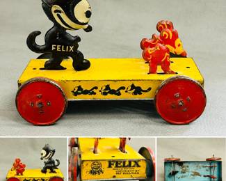 A vintage tin lithographed "Felix the Cat Chasing Mice" animated pull toy, marked Nifty, Felix Reg U.S. Pat. Off. Copyright by Pat Sullivan.
