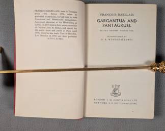 Inside page view of a vintage two-volume set of Gargantua and Pantagruel by Francois Rabelais, hardcover, publishers J. M. Dent & Sons Ltd, London; E. P. Dutton & Co Inc, New York 