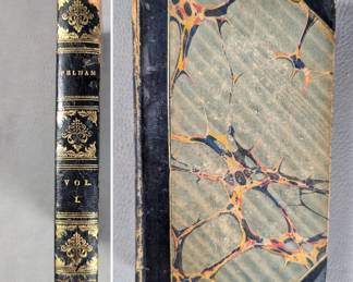 Another view of one of three volumes from complete set of Pelham, or The Adventures of a Gentleman by Edward Bulwer-Lytton, second edition, hardcover half-calf, published in 1828 by Henry Colburn, London.