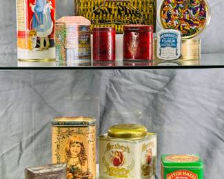 Vintage and replica metal advertising boxes including McDougall's Self Rising Flour, Patterson's Seal Cut Plug tobacco, Hershey's Cocoa, a Globe Tobacco Co. Pat Hand Five Cents oval tin, Pearson's Red Top Snuff tin by Byfield Snuff Co., Cavendish and Harvey Liquorice Comfits, Nabisco, a Twin Oaks vertical pocket tobacco tin, and more.
