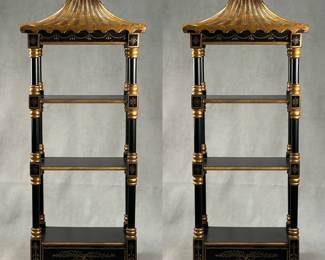 A pair of fabulous vintage Chinoiserie black and gold pagoda-style wall shelves or etageres, 30" H x 11-1/2" W x 7" D.  Shown are two of the four shelves available!