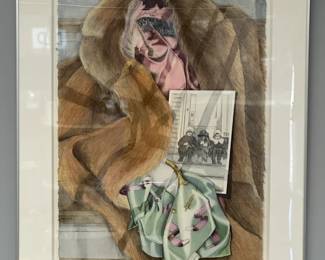 An original watercolor composition of a fur coat, silk scarf, and vintage black and white photo of three children sitting on a porch. 