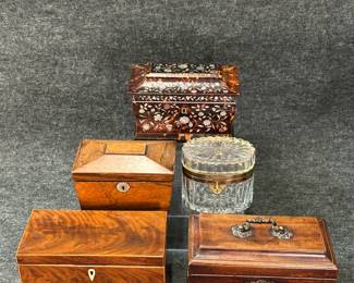 More views of antique tea caddies and 19th century French Dore oval cut crystal and bronze box with key