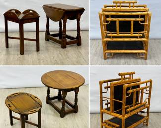 A vintage wooden butler's tray table with a dark brown finish, 14-1/2" x 19" x 15" high; a small drop leaf table, 22-1/2" x 22-1/2" x 18" high, and a stylish vintage rattan magazine rack