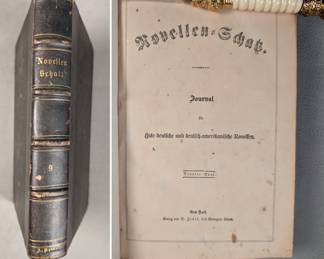 Novellen-Schatz Journal Vol. 9, leather hardcover, published in New York (late 1800s?); series is a collection of notable German and German-American novellas. We also have volumes 10 through 14 available.
