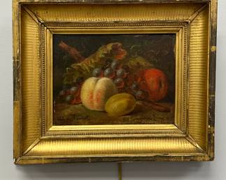 Hélène Taurel (1836-1919) still life oil painting of grapes, peach, plum and apple. 12-1/2" x 15".