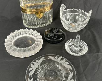 A vintage French oval cut crystal and bronze box with key, an Edinburgh Crystal "thistle" bowl, a Waterford Crystal Hibernia pattern master butter handled bowl, and more beautiful collectible items   