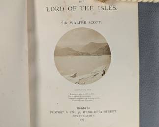Inside pages of The Lord of the Isles by Sir Walter Scott, hardcover full leather, published 1871 by Provost & Co., London