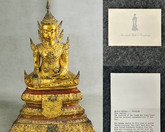 Another look at the Thai gilt bronze Buddha statue – the Buddha is depicted wearing lavish, ornate courtly robes with jewelry and a tall, winged crown, and is seated in the bhumisparsa mudra (earth-touching gesture) on a three-tiered base painted with red and black lacquer. With purchase card from Marshall Field & Company dating it to 18th Century.
