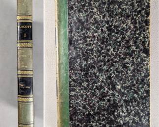 View of first volume in (The Works of Walter Scott) Oeuvres Completes  de Walter Scott, hardcover, published in 1845 by Administration de Librairie, Paris. 25-book set, in French language.