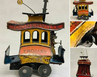 An antique tin lithographed wind-up toy, likely dating to around 1922, based on the Toonerville Trolley comic strip by Fontaine Fox. 
