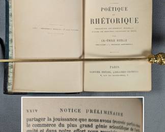 Inside pages of Aristote Poétique et Rhétorique par Ch.-Émile Ruelle, half-calf hardcover, published 1882 by Garnier Freres, Libraires-Éditeurs