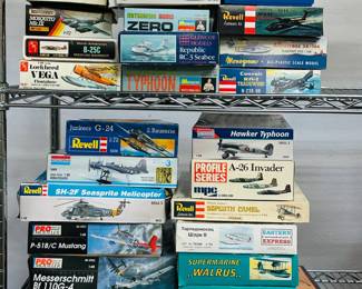 Model kits galore - including Craft Master Black Widow Airfix, Matchbox Mosquito Mk-IX, Revel Junkers G-24, Revell SH-2F Seasprite Helicopter, Pro Modeler P-51B/C Mustang, Pro Modeler Messerschmitt Bf 110G-4, Heller Humbrol 1.125 Airbus A 300 B2, Hasegawa Hobby Kits Fieseler Fi 156C Storch, Supermarine Walrus, Revell Sopwith Camel, and much more