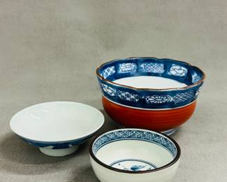 A vintage Takahashi Imari style porcelain bowl, a Japanese blue and white porcelain tea or rice bowl, and a small blue and white porcelain footed dish
