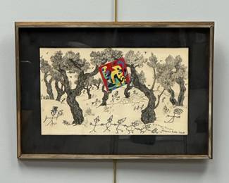 A lithograph created in 1956, a collaboration between artists Joan Miró, Jacques Prévert, and Georges Ribemont-Dessaignes. The piece, sometimes titled "The Party," was published in a catalogue for Jacques Prévert. Label on reverse from Phillip E. Freed, Dealer in Fine Prints, Chicago. 
