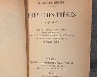 Inside page view of Poésies  Vol. I and II by Alfred de Musset, hardcovers half leather, published 1903 by Petite Bibliotheque-Charpentier