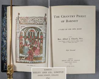 Inside page view of The Chantry Priest of Barnet by Rev. Alfred J. Church, hardcover half-calf, published 1890 by Seeley and Co., Limited, London