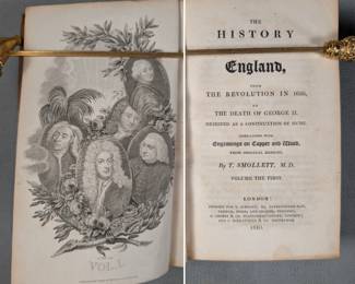 Inside page views of The History of England by T. Smollett, M.D., Vol. I through VI, hardcovers, leather; published 1810, Printed for R. Scholey, 46, Paternoster-Row, London, and J. Ballantyne & Co., Edinburgh