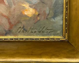 Closeup view of signature on the framed oil painting of a child in a pink dress by American Impressionist painter Martha Walter (1875-1976). Walter was a well-known Philadelphia Impressionist who studied under William Merritt 