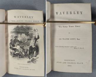 Inside page views of Waverley Novels 25-volume set by Sir Walter Scott, half-calf hardcover, published 1862 by Adam and Charles Black, Edinburgh