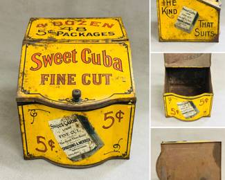 A vintage "Sweet Cuba" Fine Cut tobacco store display tin. 

