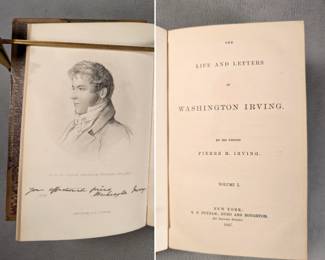 Inside page views of The Life and Letters of Washington Irving by Pierre M. Irving, Volume 1 through 4, half-calf hardcover published 1867 by G. P. Putnam; Hurd and Houghton, New York.