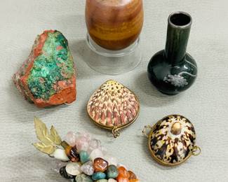 Two small bud vases, a polished stone grape cluster, a scallop shell and metal hinged container, a polished limpet shell trinket box