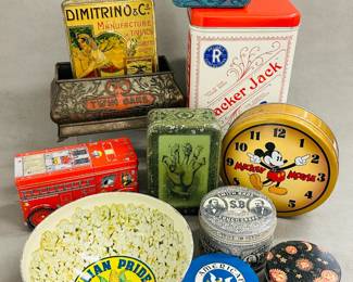 Collectible advertising containers including Dimitrino & Co. Manufacture de Tabacs, Indian Pride Hulless Popcorn, Edgeworth  Pipe Tobacco, a Mickey Mouse round lidded metal tin