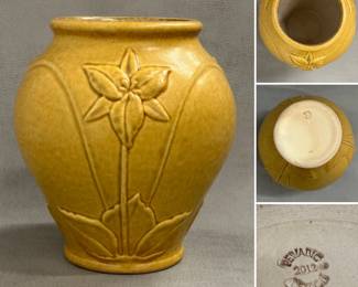 An American pottery vase with a trillium flower design by Pewabic Pottery, Detroit, Michigan.