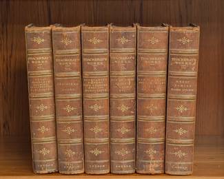 Six volumes of Thackeray's Works (William Makepeace Thackeray) published in 1877, London. Hardcovers, half leather and marbled paper, includes volumes IV, VII, VIII, IX, X, XII. Publishers Smith, Elder, & Co., London.