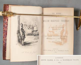 Inside page view of volume VIII of six volumes of Thackeray's Works (William Makepeace Thackeray) published in 1877, London. Hardcovers, half leather and marbled paper, includes volumes IV, VII, VIII, IX, X, XII. Publishers Smith, Elder, & Co., London.