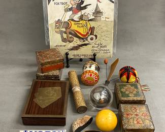 A vintage Barney Google Sheet Music, Fox Trot, song by Billy Rose and Con Conrad, 1923; vintage Ivory Soap package, decoratively carved and painted small lidded wooden trinket boxes, a vintage Come-Back Roly-Toy by B. Shackman & Co., a collectible tin novelty toy; a vintage kaleidoscope, a vintage or antique inkstand or inkwell set