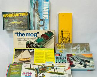 Model kits in original boxes, another look at the 1935 Morgan Super Sports Three Wheeler, Super Stars British S.E.5, The Muscongus Bay Lobster Smack, RMS Titanic, Flying Cloud Clipper Ship
