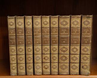 Complete set of nine volumes of The Life of Napoleon by Sir Walter Scott, Second Edition, 1827; leatherbound hardcovers, publisher Longman, Rees, Orme, Brown, & Green, London, and Cadell & Co., Edinburgh.