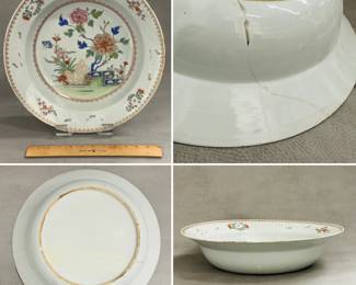 A very large antique Chinese famille rose enameled export porcelain bowl or basin, with repairs as shown