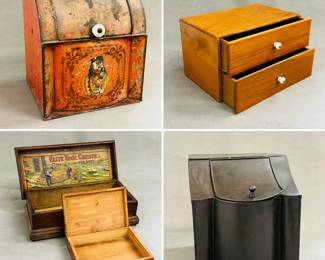 An antique general store roll-top tin display bin with Native American portrait, a vintage small wooden two-drawer storage chest, an antique wooden tool chest with interior label reading "Elite Tool Chests for Boys No. 400" along with a smaller lidded wooden box,  and vintage-inspired metal canister with a hinged lid, possibly used for storing sugar or tea. 
