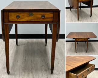 Antique wood Pembroke or drop-leaf side table with two drawers; 48-1/2" x 37-1/2"