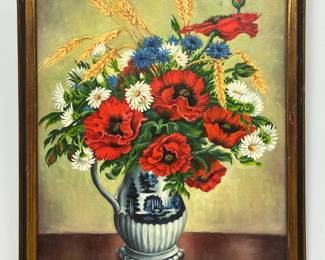 An original painting of poppies in blue and white vase, signed lower right corner; 31" H x 25" W.