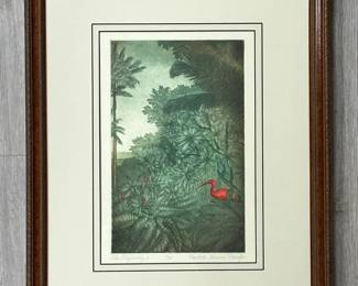 One of a pair of limited edition color etchings by artist Charlotte Laurine Schaefer, depicting scarlet ibis in scenes of Caribbean foliage. This is titled "The Beginning II" with penciled edition number of 12/85 and is signed in lower right corner. Framed artwork measures 16" x 20".