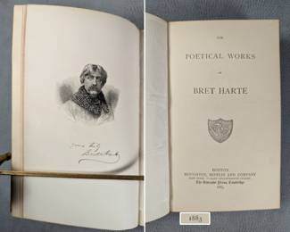 Inside pages of The Poetical Works of Bret Harte, hardcover half-calf, published 1883 by Houghton, Mifflin and Company Boston